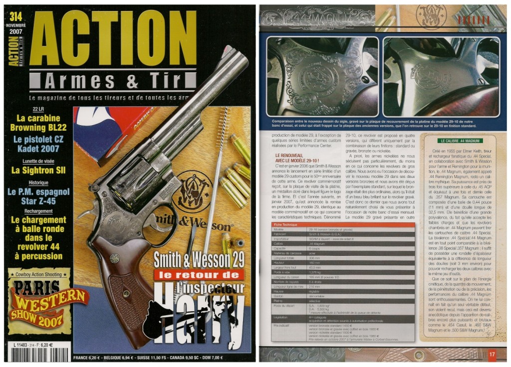 Le banc d’essai du revolver S&W modèle 29/10 a été publié sur 7 pages dans le magazine Action Armes & Tir n°311 (juillet-août 2007)
