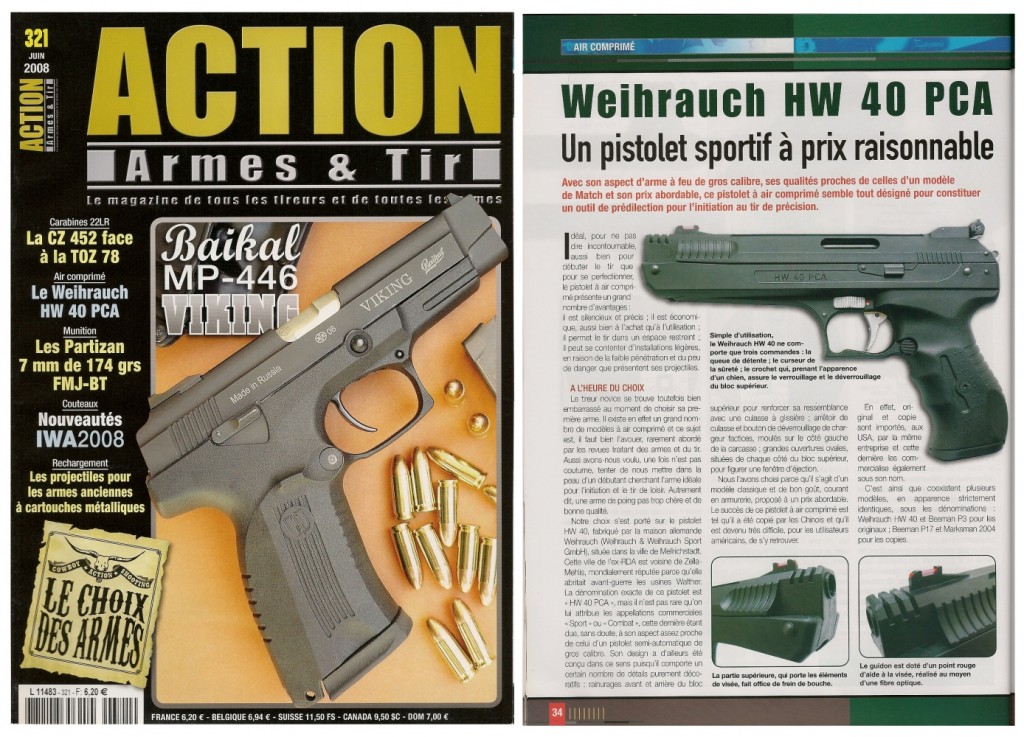 Le banc d’essai du pistolet Weihrauch HW 40 PCA a été publié sur 6 pages dans le magazine Action Armes & Tir n°321 (juin 2008)