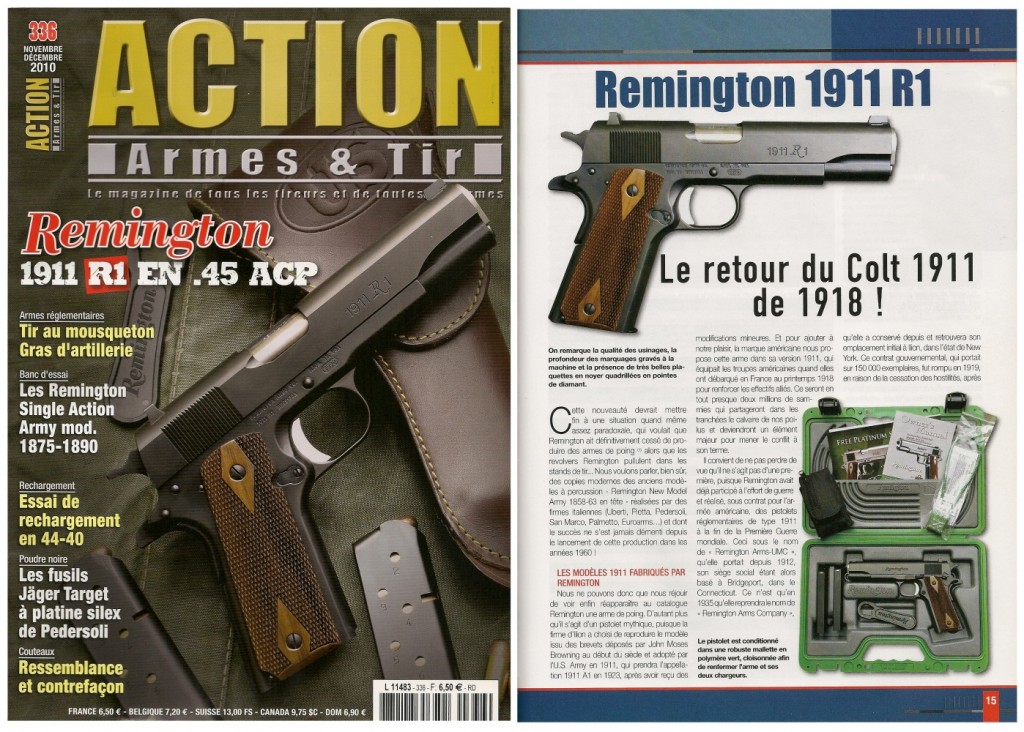 Le banc d’essai du pistolet Remington 1911 R1 a été publié sur 7 pages dans le magazine Action Armes & Tir n°336 (novembre-décembre 2010)