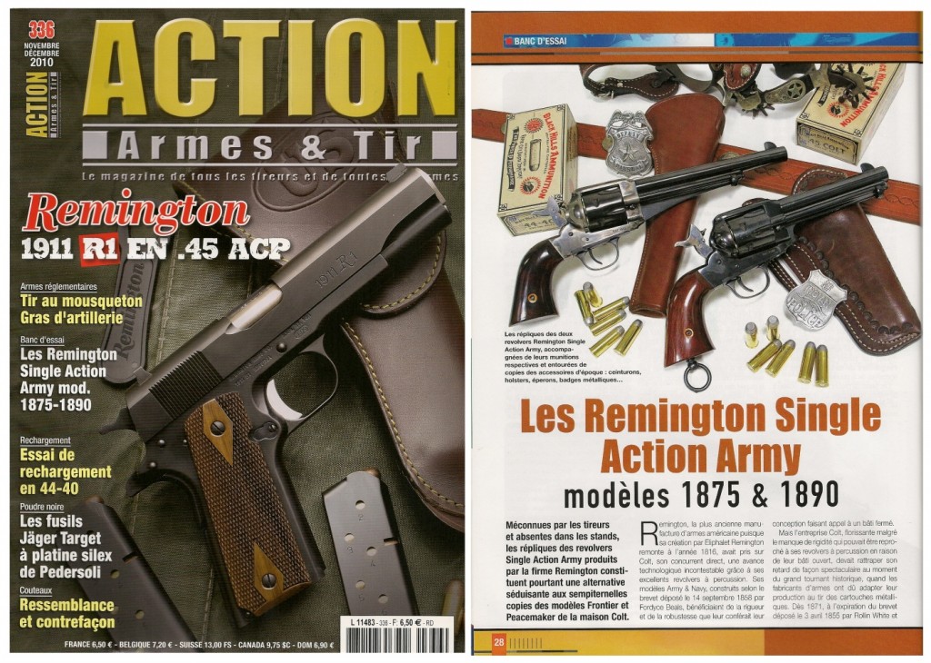 Le banc d’essai des revolvers Remington Single Action Army 1875 & 1890 a été publié sur 7 pages dans le magazine Action Armes & Tir n°336 (novembre-décembre 2010)