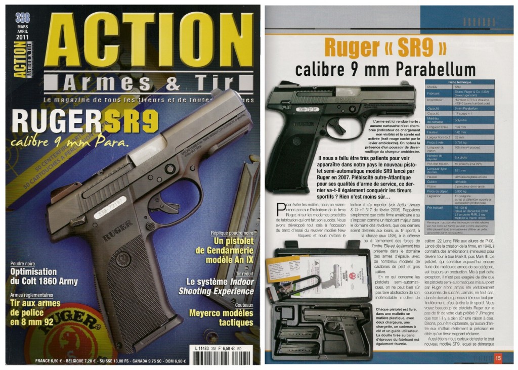 Le banc d’essai du pistolet Ruger SR9 a été publié sur 7 pages dans le magazine Action Armes & Tir n°338 (mars-avril 2011)