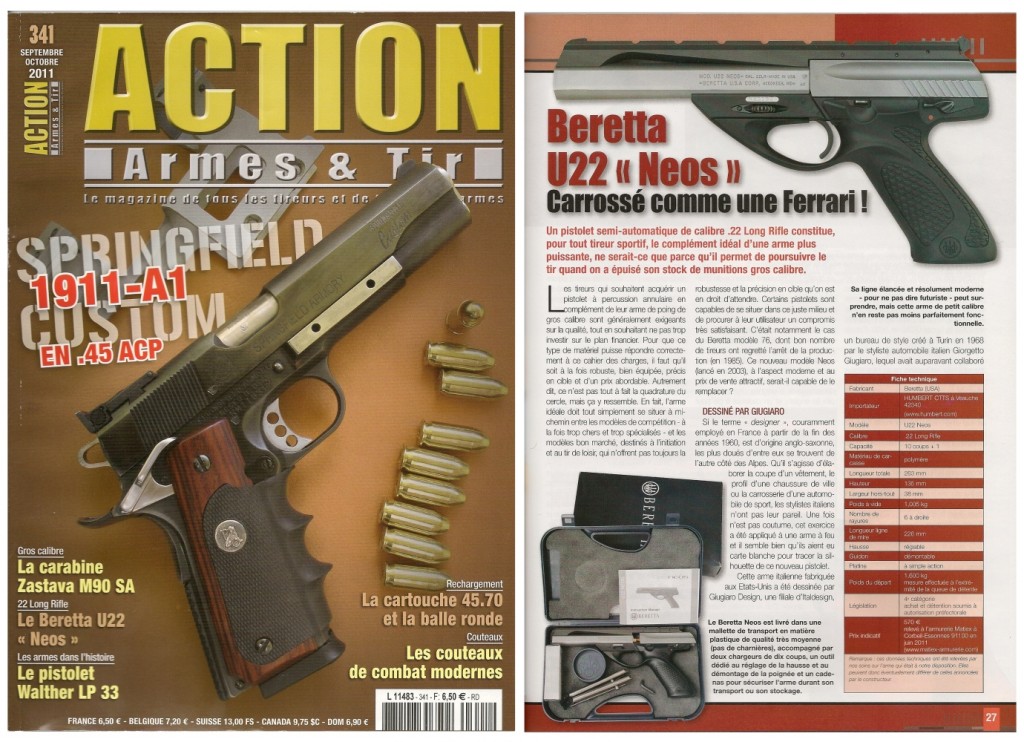 Le banc d’essai du pistolet Beretta U22 Neos a été publié sur 6 pages dans le magazine Action Armes & Tir n°341 (septembre-octobre 2012)