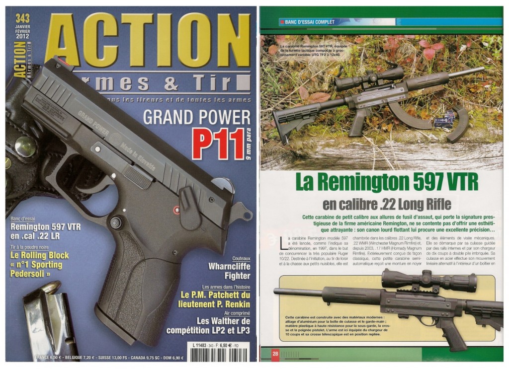 Le banc d’essai de la carabine Remington 597VTR a été publié sur 7 pages dans le magazine Action Armes & Tir n°343 (janvier-février 2012)