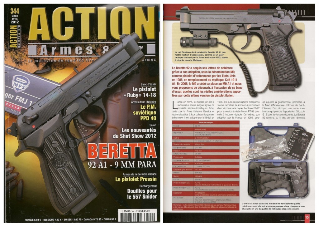 Le banc d’essai du pistolet Beretta 92A1 a été publié sur 7 pages dans le magazine Action Armes & Tir n°344 (mars-avril 2012)
