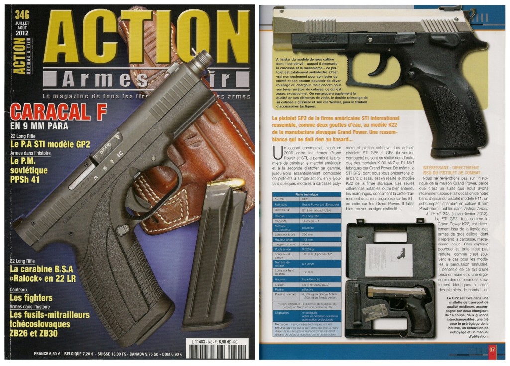 Le banc d’essai du pistolet STI modèle GP2 a été publié sur 6 pages dans le magazine Action Armes & Tir n°346 (juillet-août 2012)