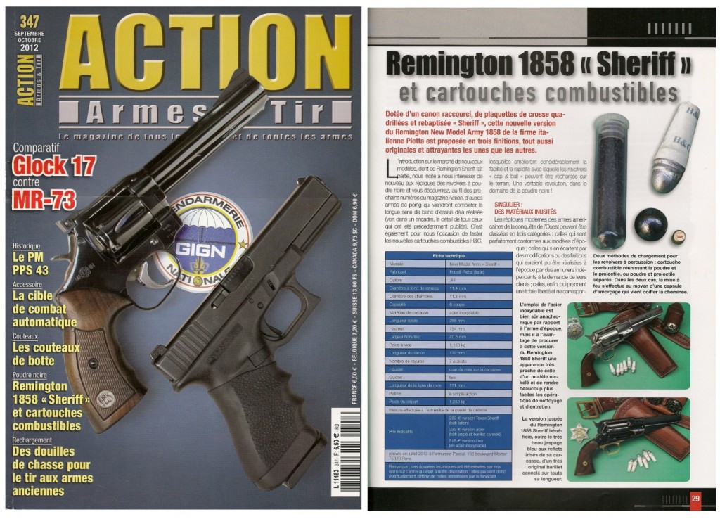 Le banc d’essai du revolver Remington 1858 « Sheriff » et des cartouches combustibles H&C a été publié sur 8 pages dans le magazine Action Armes & Tir n°347 (septembre-octobre 2012)
