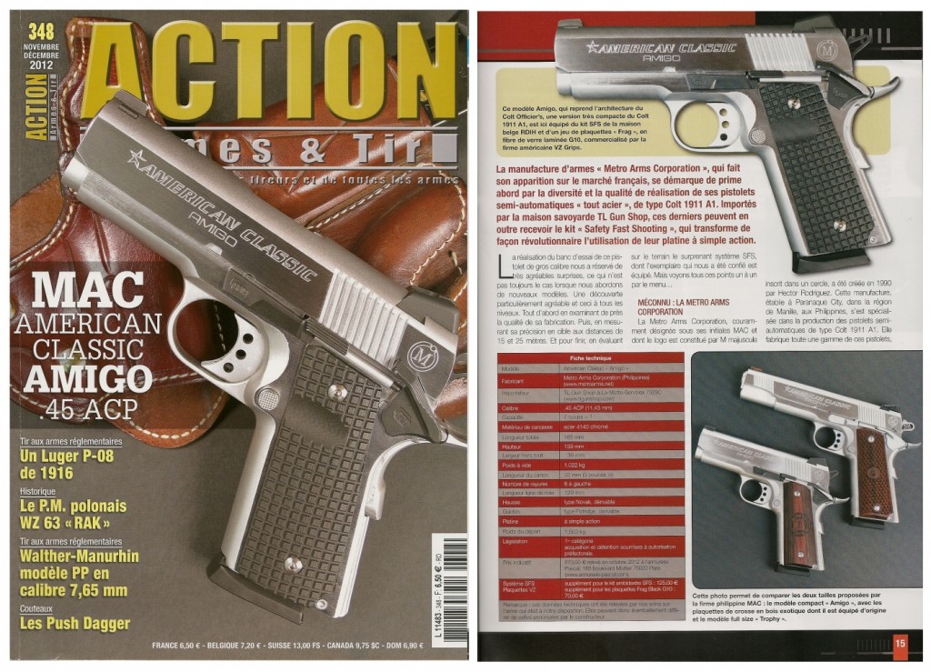 Le banc d’essai du pistolet MAC American Classic « Amigo » a été publié sur 8 pages dans le magazine Action Armes & Tir n°348 (novembre-décembre 2012)