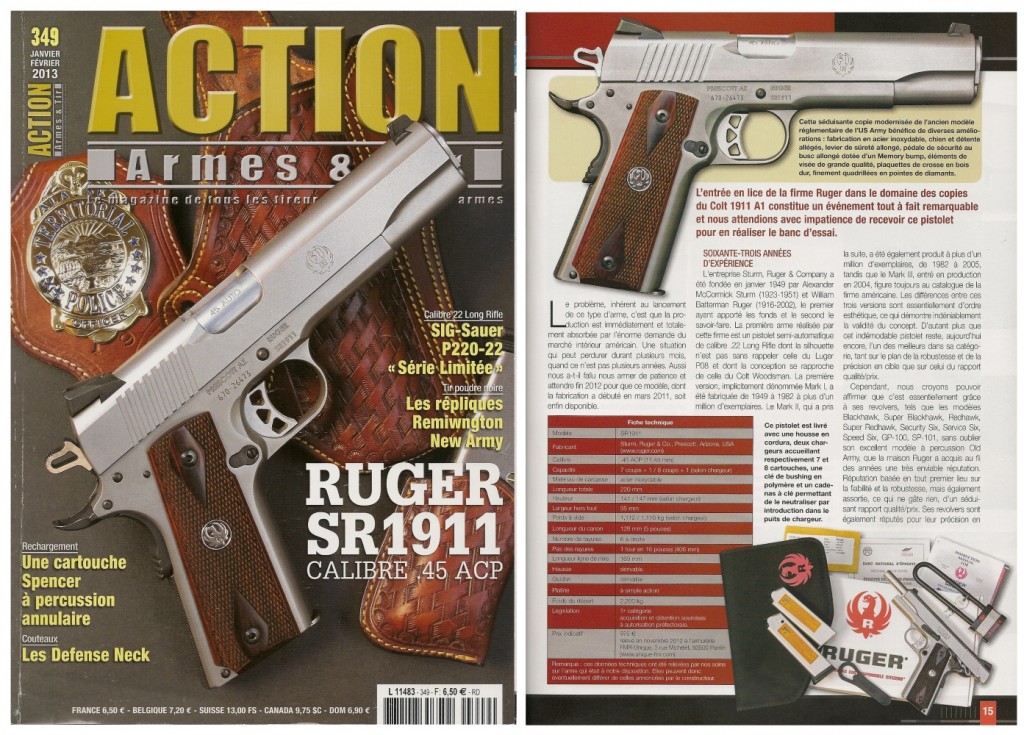 Le banc d’essai du pistolet Ruger SR1911 a été publié sur 8 pages dans le magazine Action Armes & Tir n°349 (janvier-février 2013)