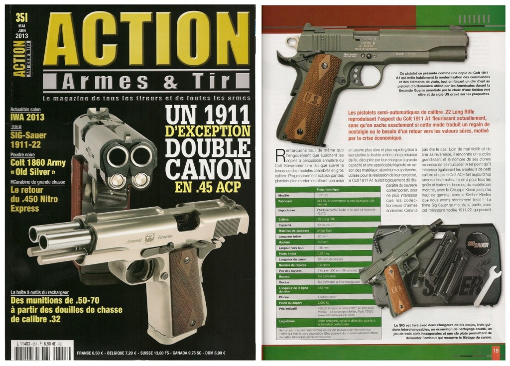 Le banc d’essai du pistolet Sig-Sauer 1911-22 a été publié sur 7 pages dans le magazine Action Armes & Tir n°351 (mai-juin 2013)