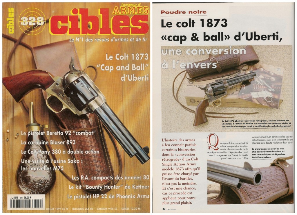Le banc d’essai de la réplique du revolver Colt SAA 1873 converti au à chargement par l’avant du barillet a été publié sur 5 pages dans le magazine Cibles n°328 (juillet 1997)