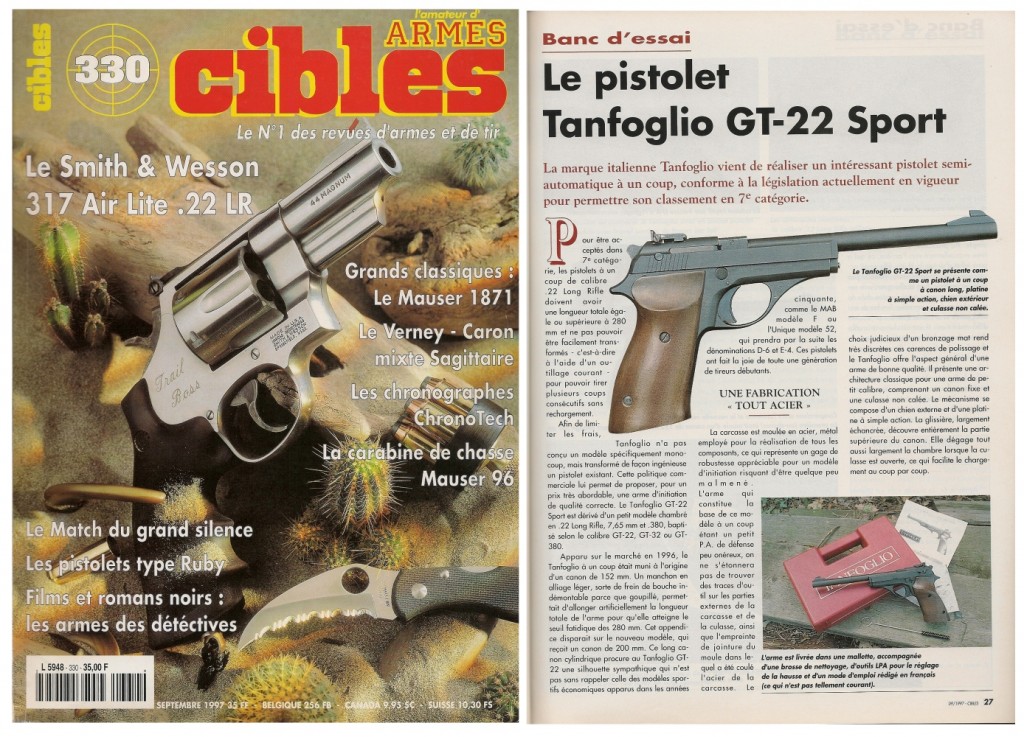 Le banc d’essai du pistolet à un coup Tanfoglio GT-22 Sport a été publié sur 4 pages dans le magazine Cibles n°330 (septembre 1997)