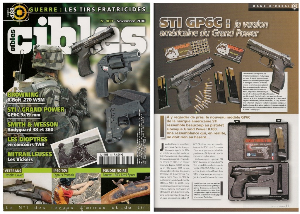 Le banc d’essai du pistolet STI GP6C a été publié sur 7 pages dans le magazine Cibles n°488 (novembre 2010)