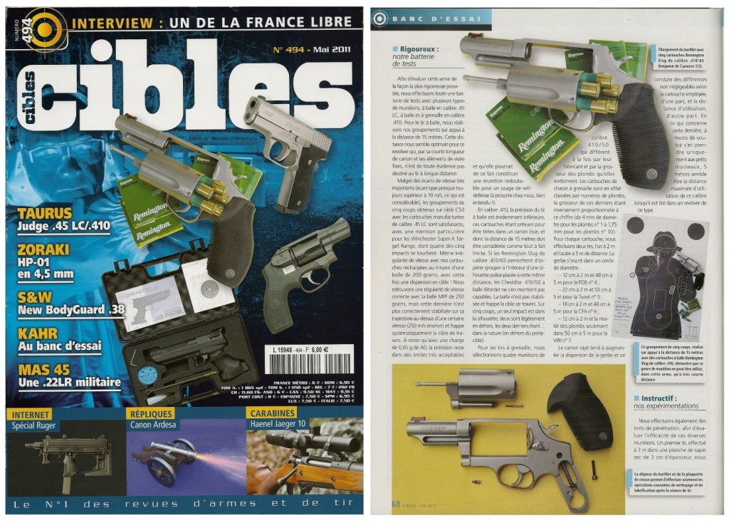 Le banc d’essai du pistolet Chiappa Kimar 1911-22 a été publié sur 6 pages ½ dans le magazine Cibles n°494 (mai 2011)