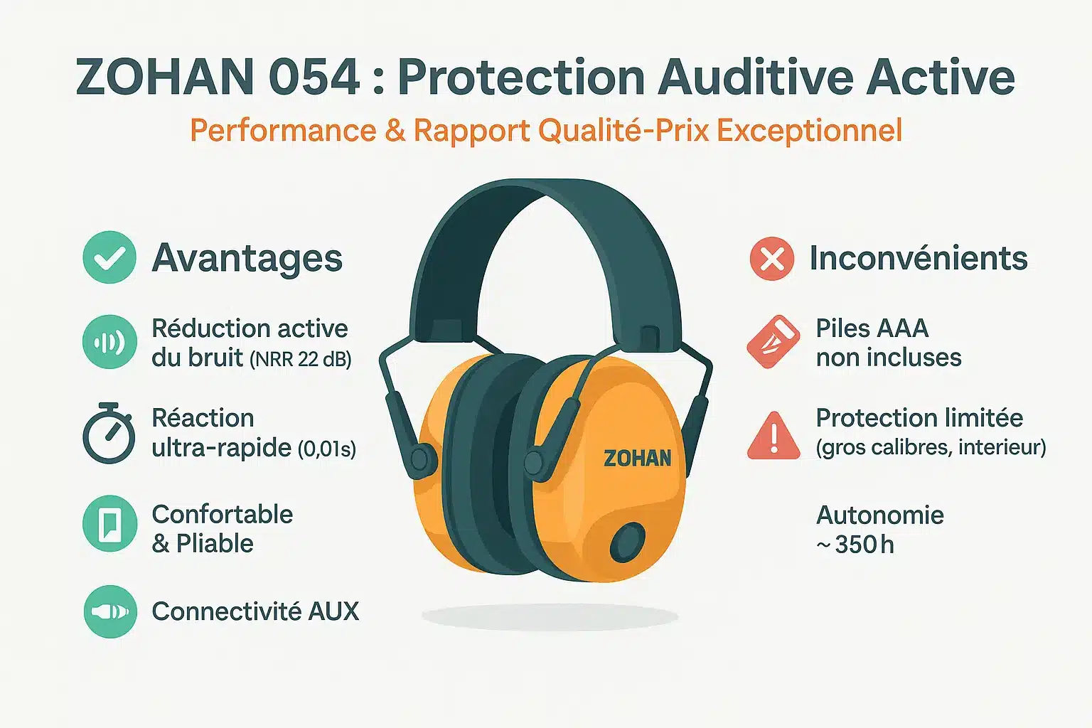 <strong>ZOHAN 054 Casque Anti Bruit</strong> » /></p>
<p>Le ZOHAN 054 arbore un design sobre avec une finition caoutchoutée et une teinte crépuscule (selon l’URL Amazon). Compact, il s’adapte aux armes à feu grâce à son profil mince. Ses deux microphones omnidirectionnels améliorent la perception sonore en chasse. Léger (417 g), il reste <strong>dépendant du contexte d’utilisation pour les bruits extrêmes</strong>.</p>
<p><a href=