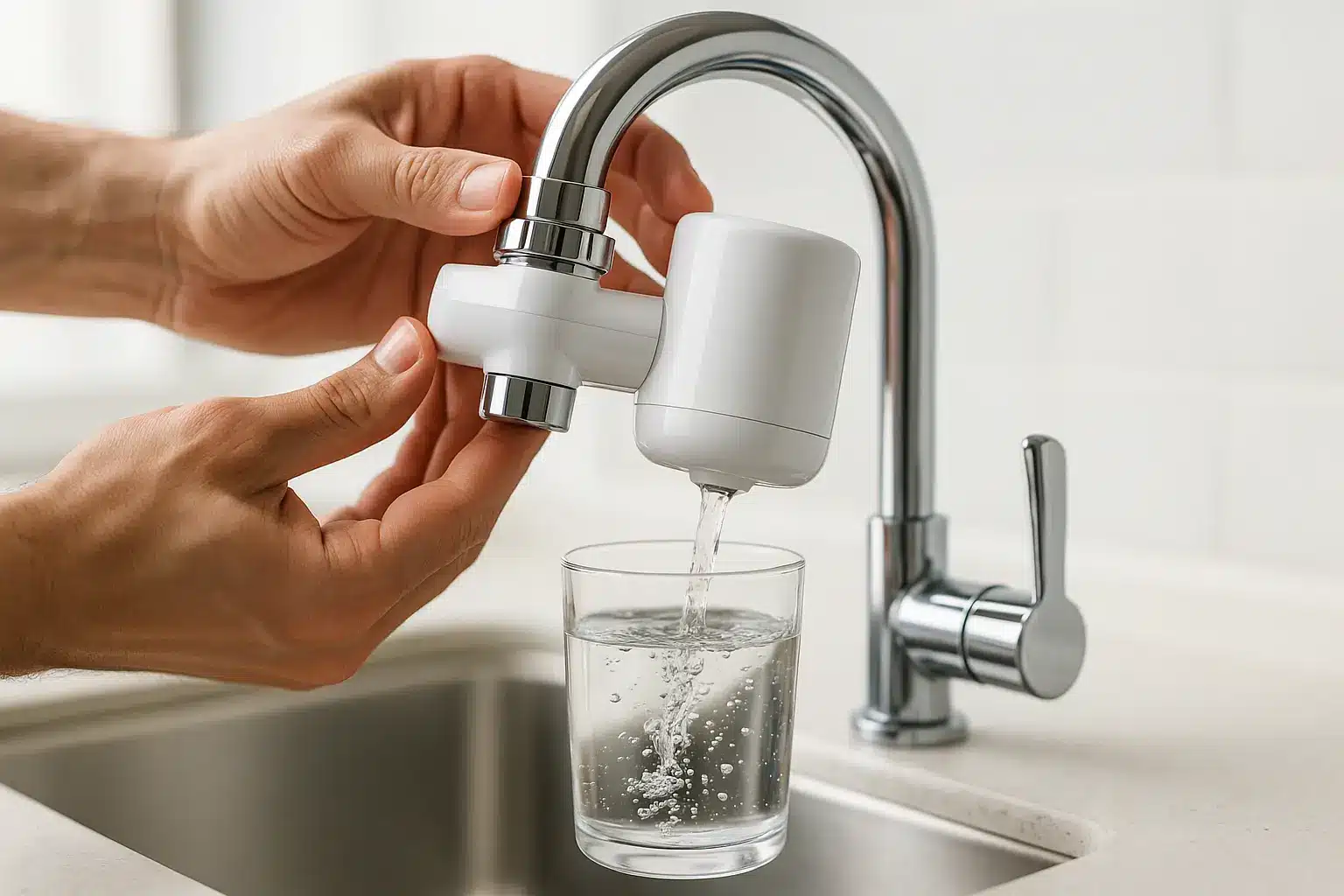 Eau filtrée et pure dans un verre posé sur un plan de travail de cuisine moderne