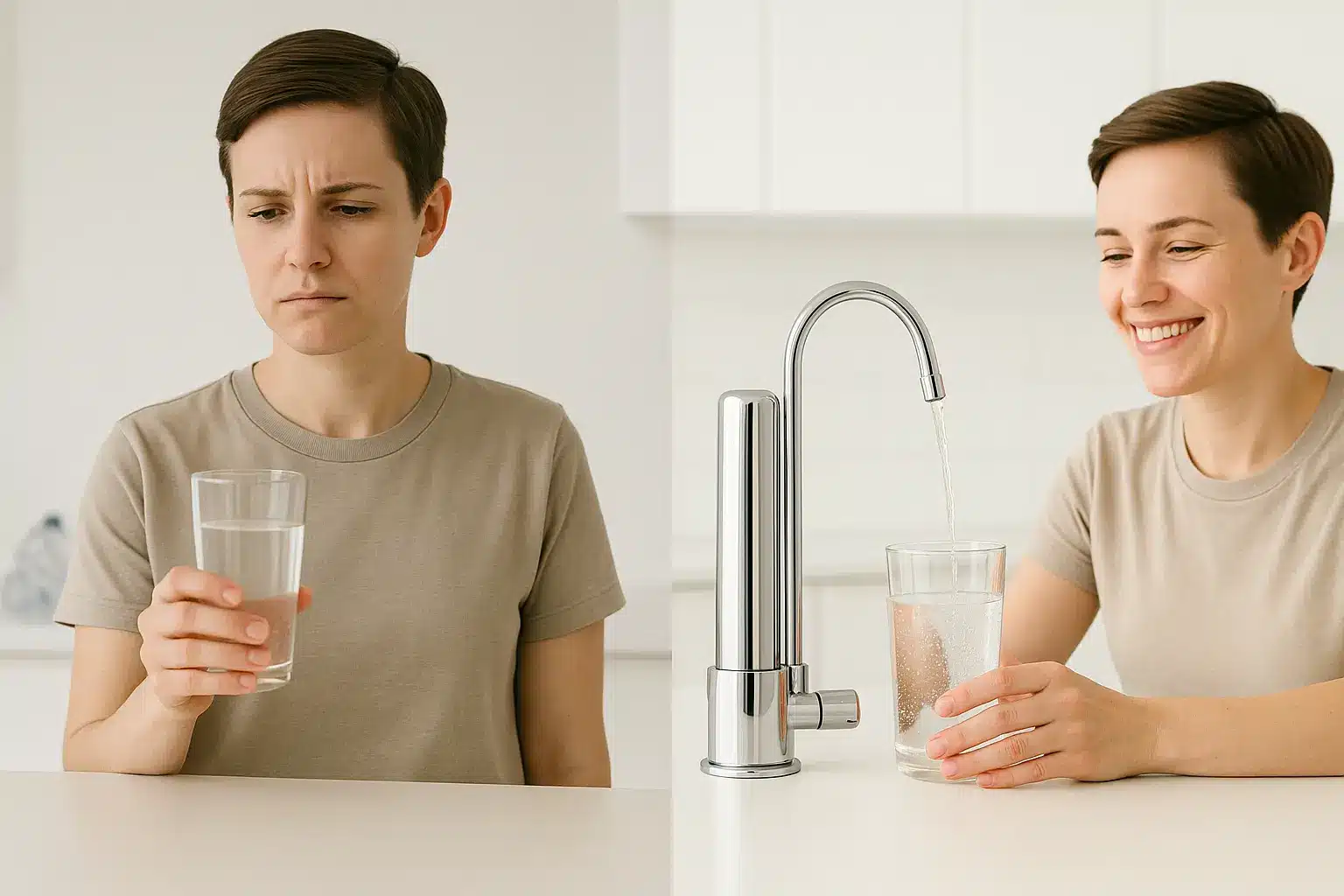 Eau filtrée, un verre de liquide clair posé sur une table en bois avec une plante verte en arrière-plan