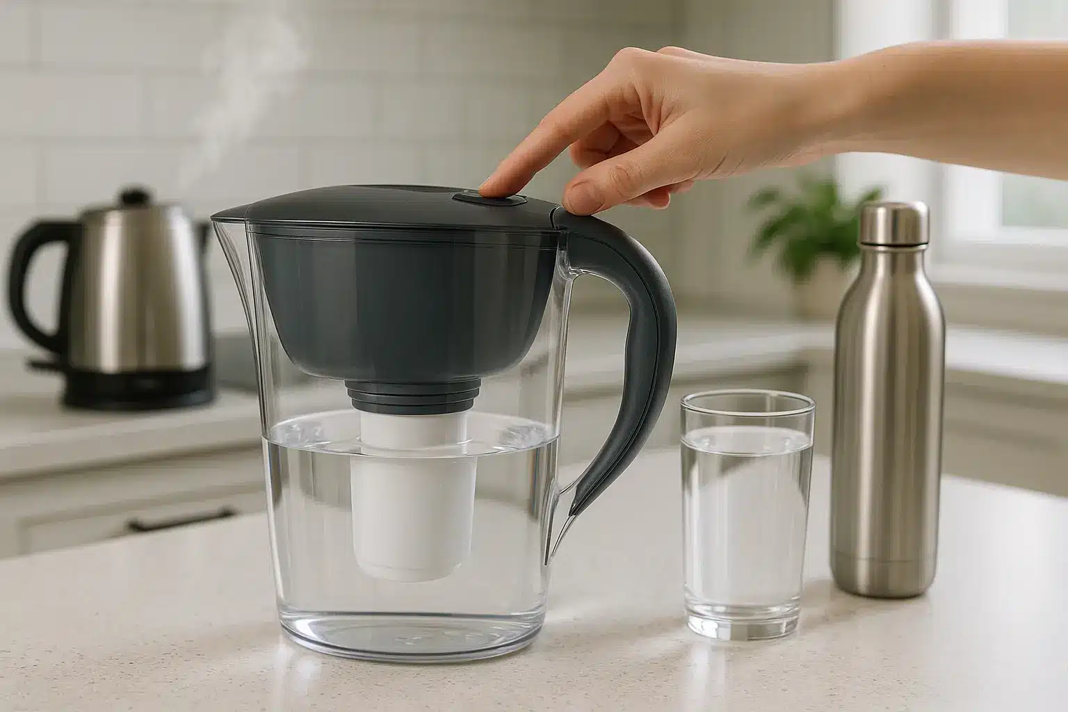 Carafe filtrante Brita sur un plan de travail en bois clair avec gouttes d'eau et lumière naturelle tamisée