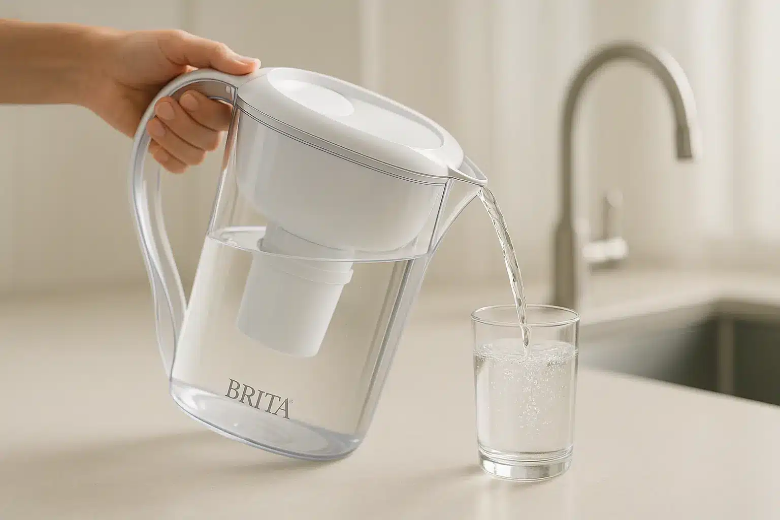 Verre d'eau fraîche filtrée par carafe Brita avec gouttes d'eau sur la surface