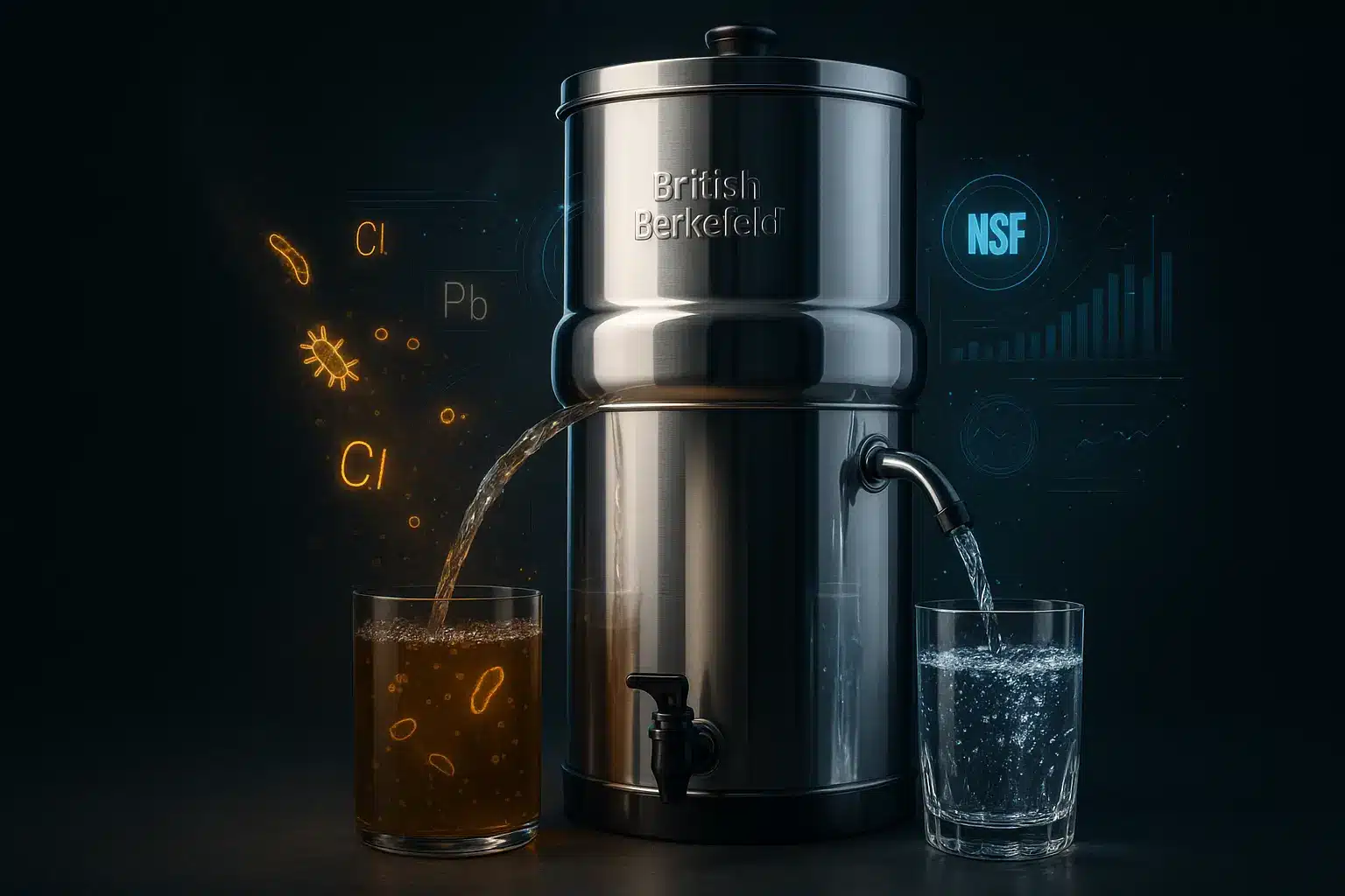Système de filtration British Berkefeld posé sur un plan de travail en inox avec des verres d'eau