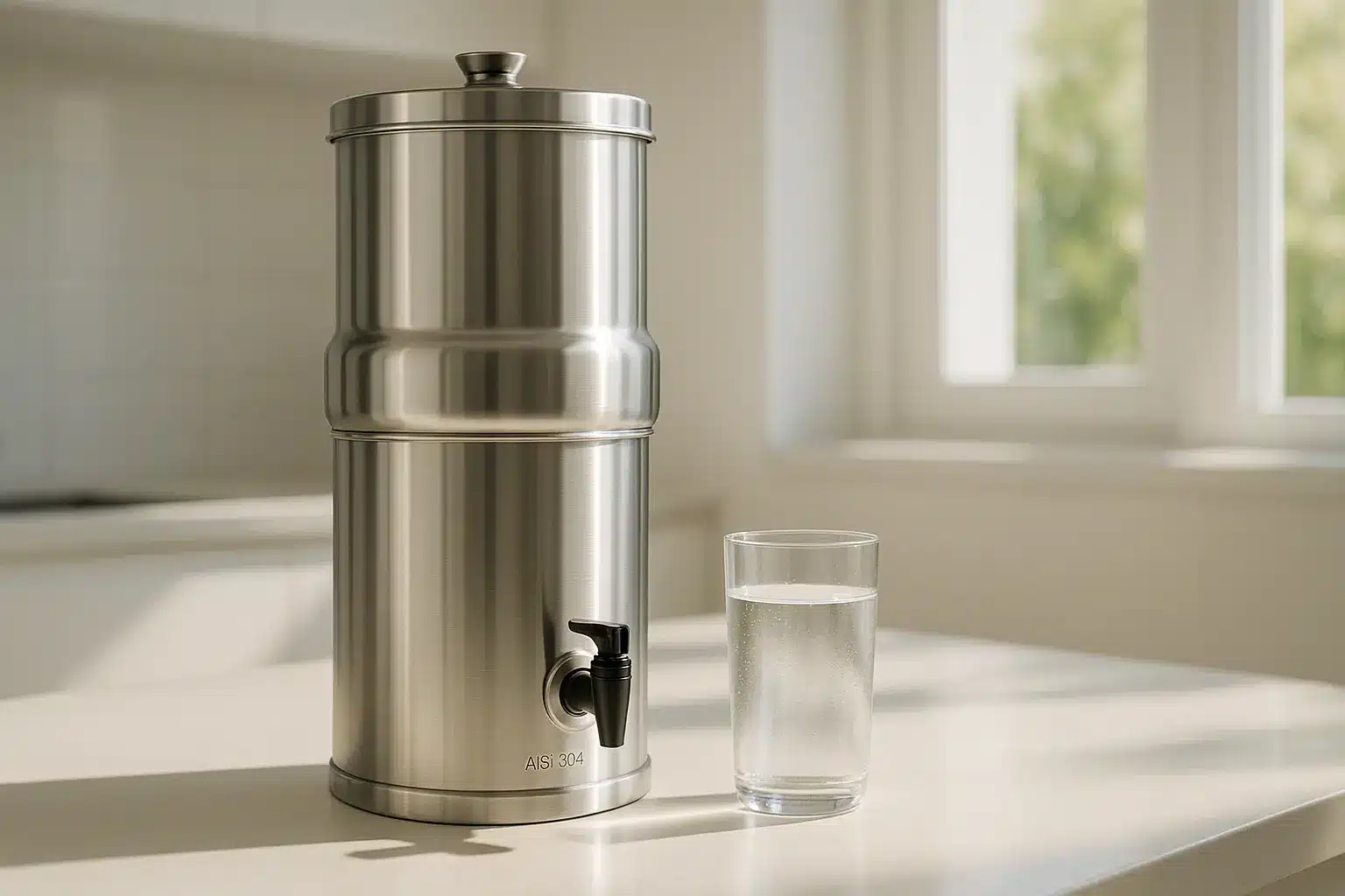 Filtre à eau British Berkefeld sur un plan de travail moderne