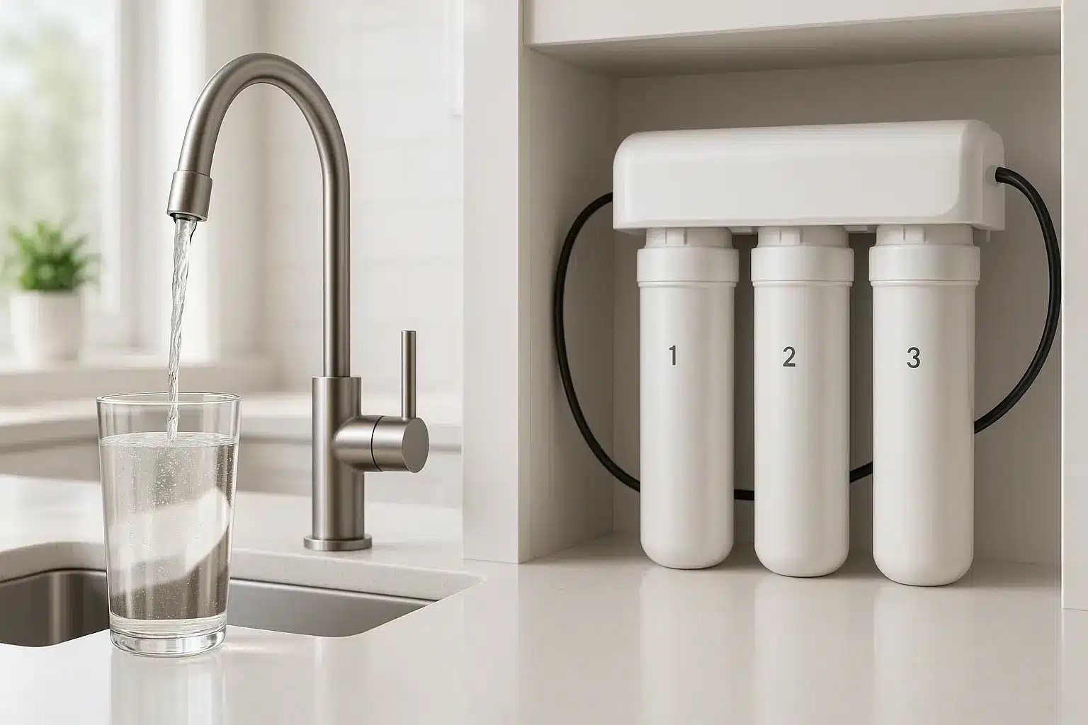 Système de filtration d'eau moderne installé sous un évier de cuisine