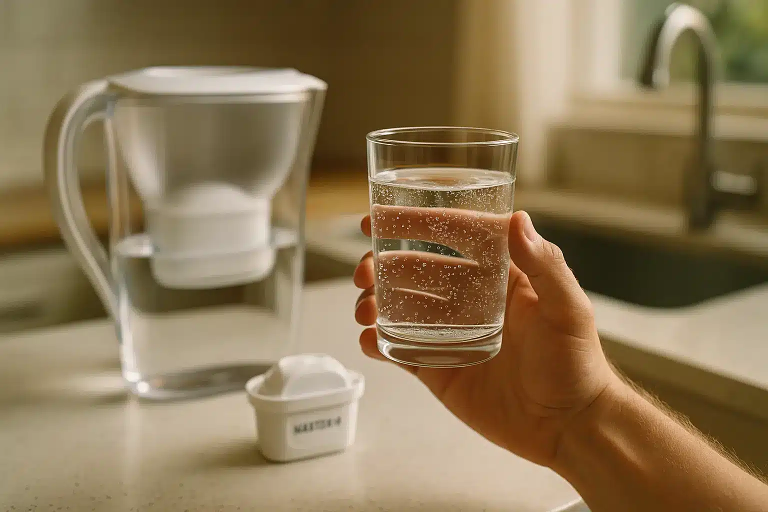 Cuisine moderne avec carafe Brita sur un plan de travail