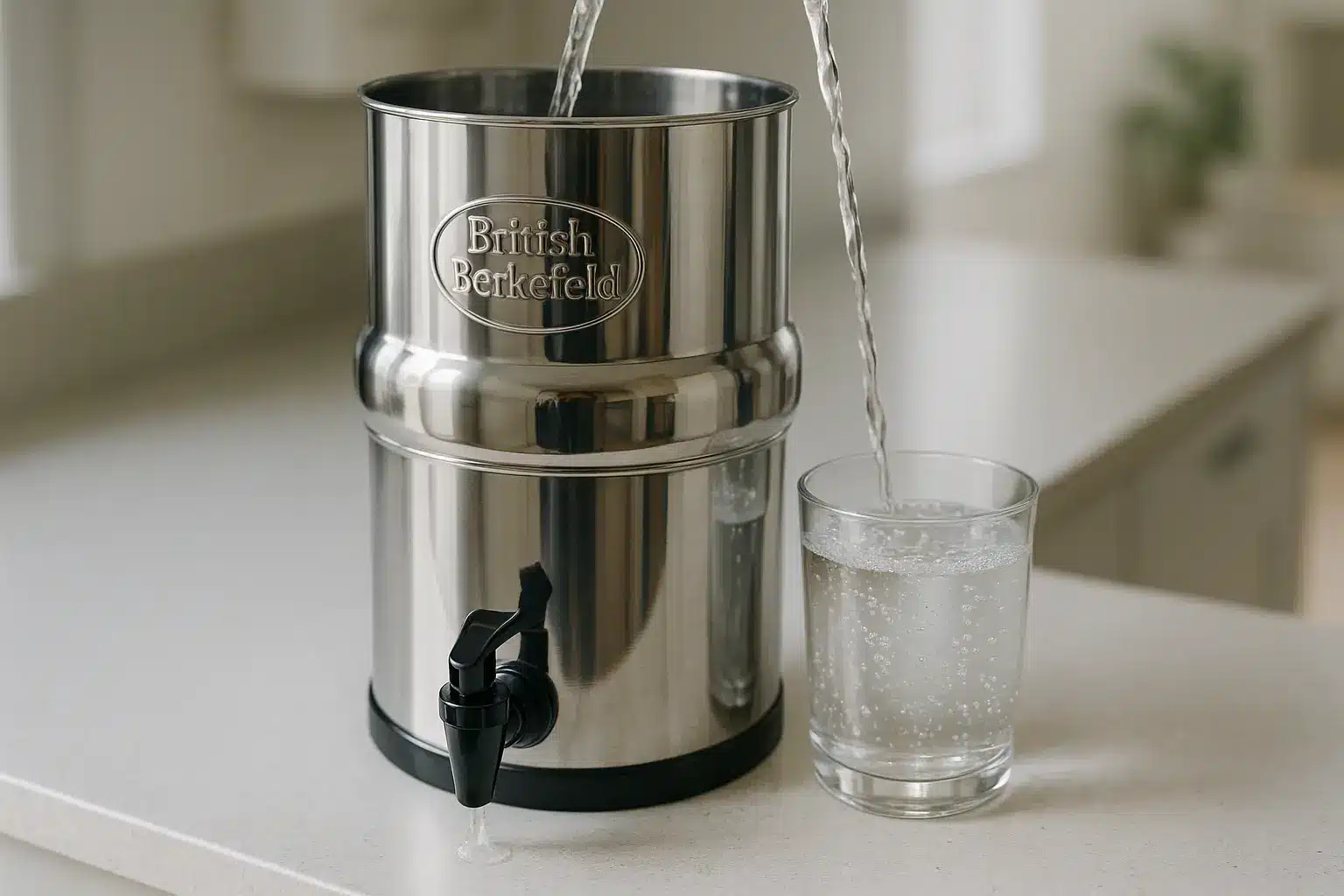 Filtre British Berkefeld en utilisation quotidienne dans une cuisine moderne