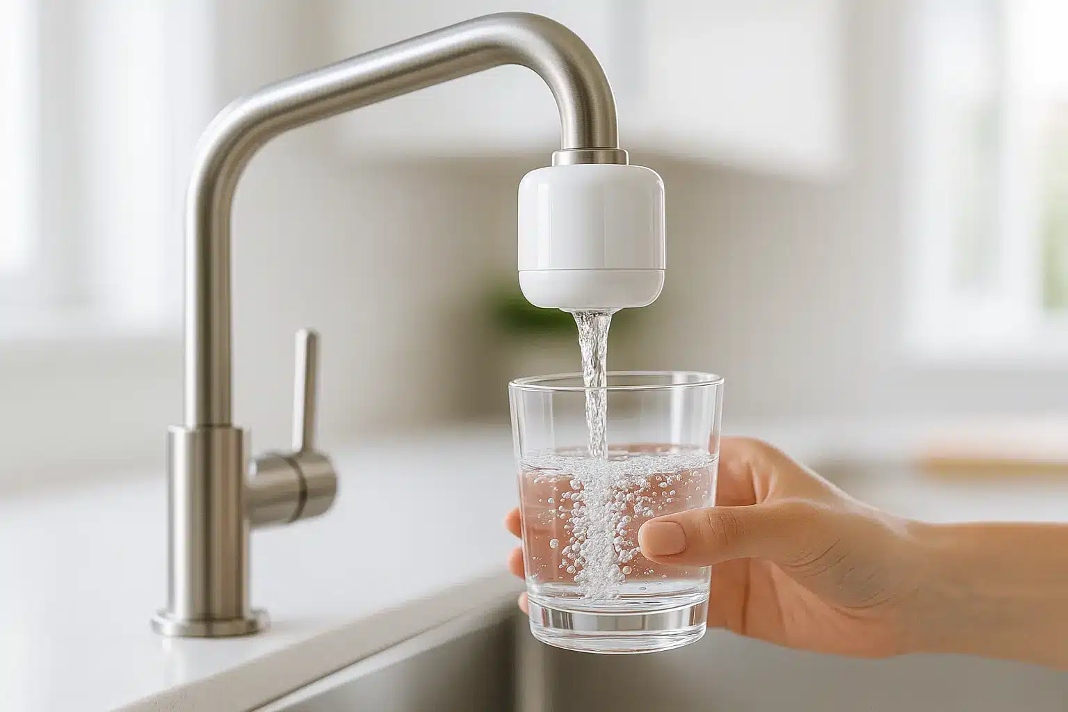 Eau claire coulant d'un robinet moderne dans une cuisine design