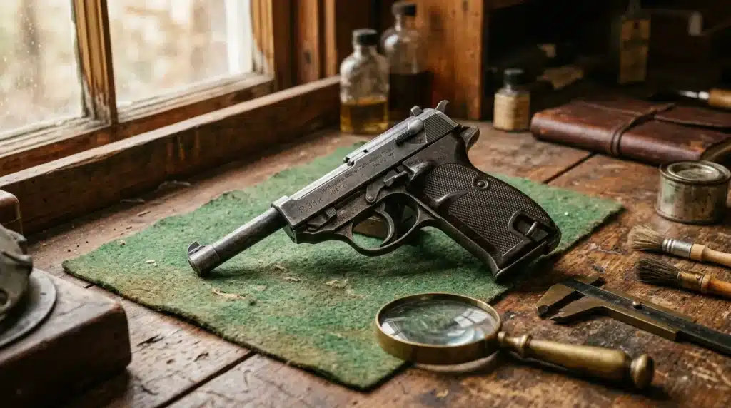 Pistolet ancien sur tapis vert, loupe, documents et bouteilles
