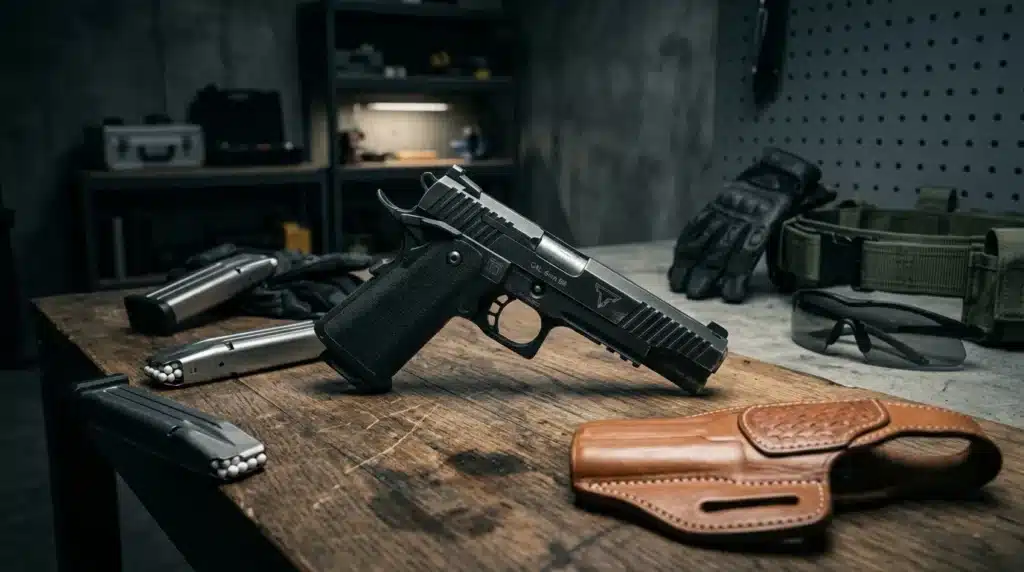 Pistolet, munitions et holster sur établi d'armurier