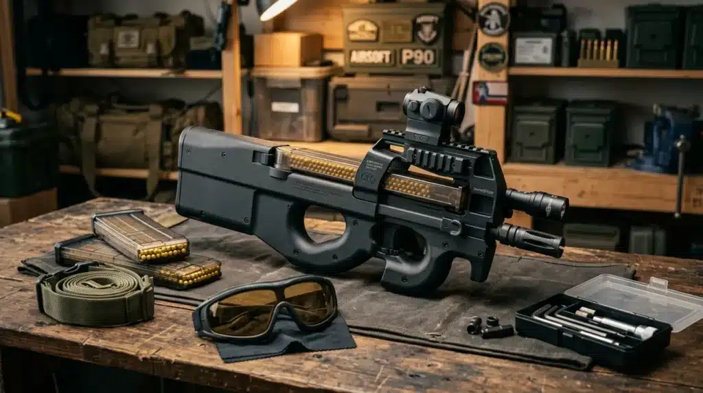 Fusil airsoft P90 avec accessoires et munitions sur établi.