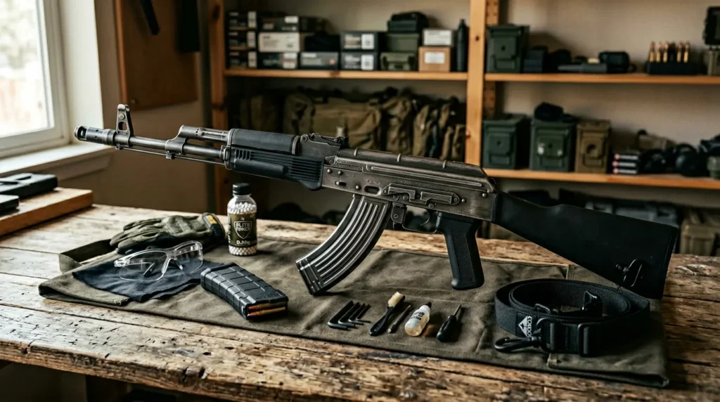 Fusil assault avec munitions et accessoires militaires organisés