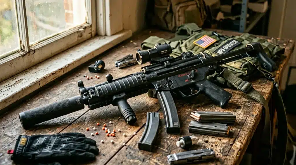 Fusil équipé, munitions, optique et accessoires tactiques