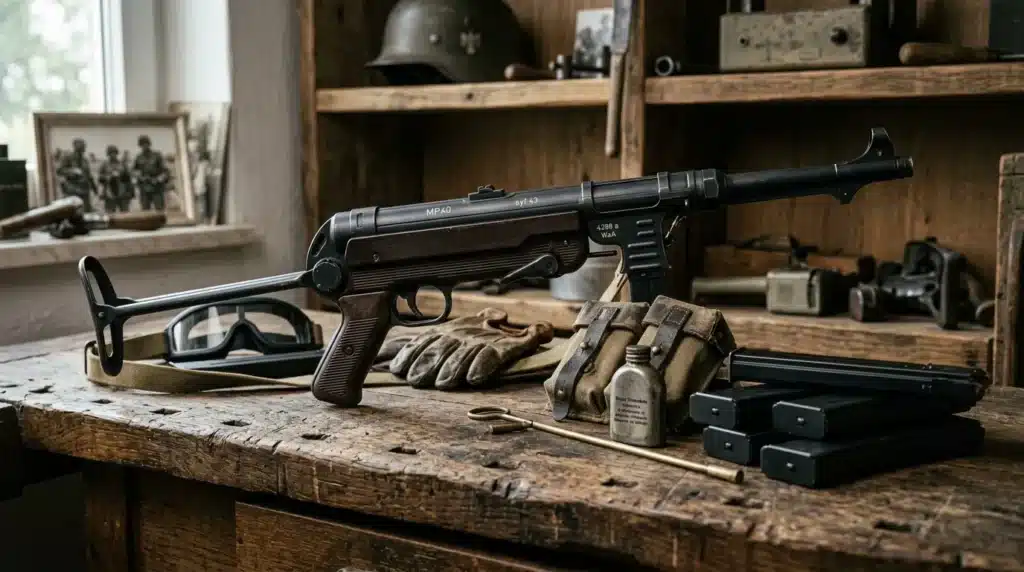 Fusil MP40, munitions et équipement militaire historique exposés