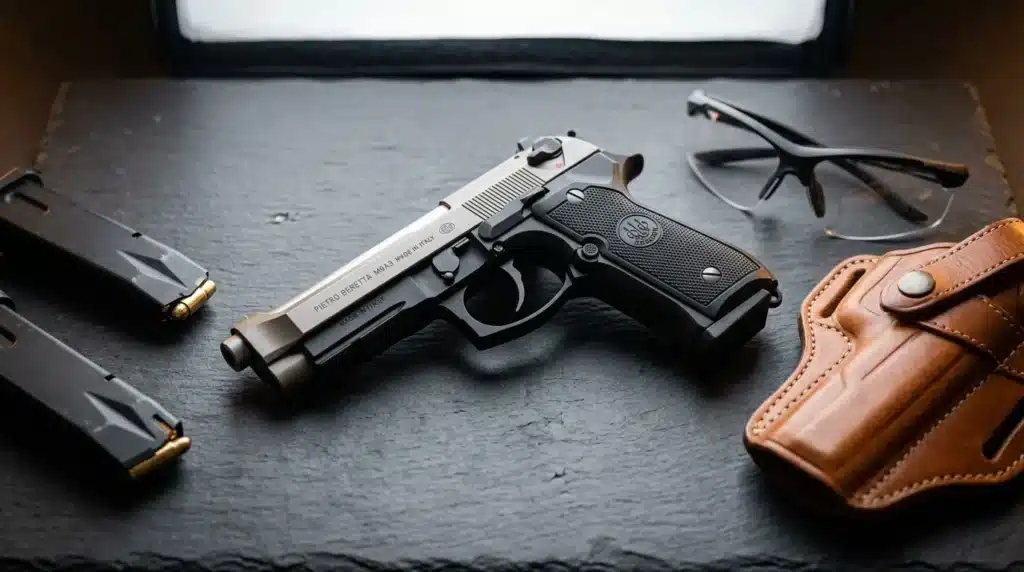 Pistolet Beretta, munitions, holster cuir et accessoires