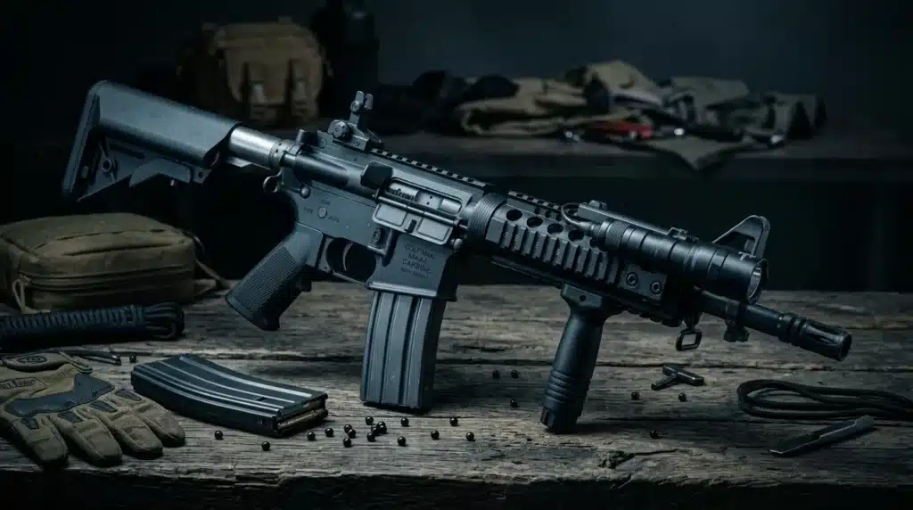 Fusil d'assaut noir avec munitions et équipement tactique