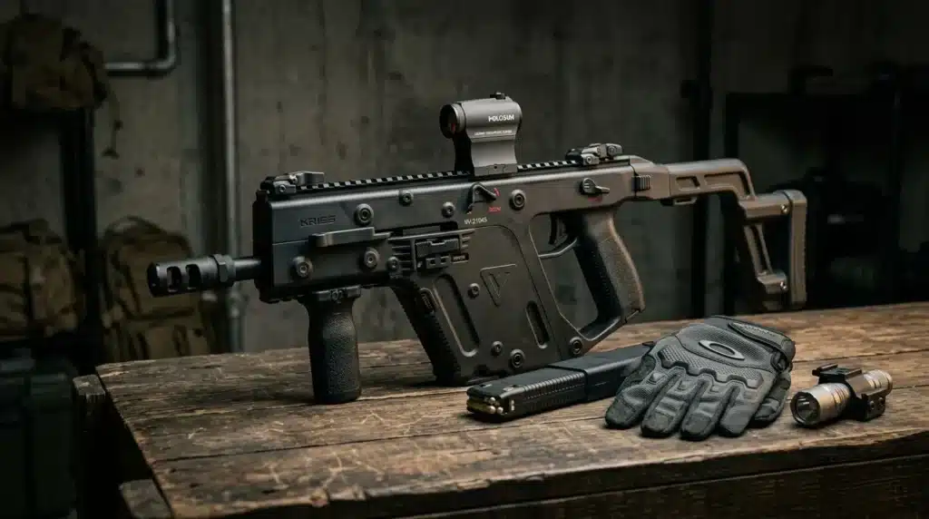 Fusil KRISS avec viseur, munitions, gants et accessoires tactiques