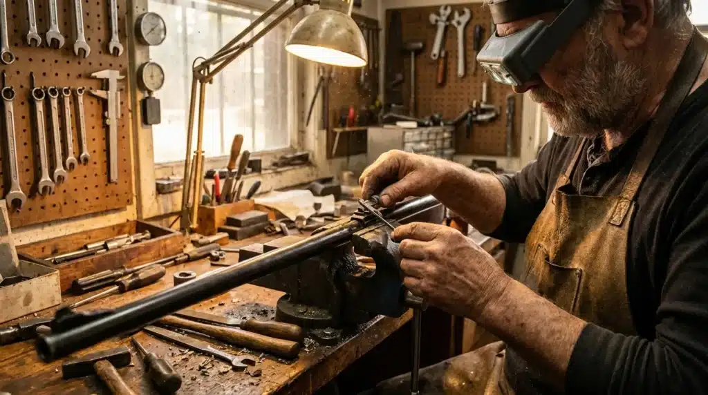 Menuisier travaillant avec un ciseau dans son atelier de bois