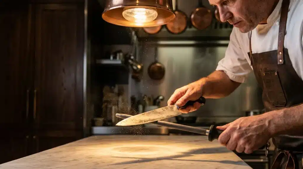 Chef affûte un couteau de cuisine dans son atelier professionnel
