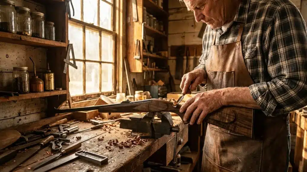 Homme âgé sculptant le bois dans son atelier ensoleillé