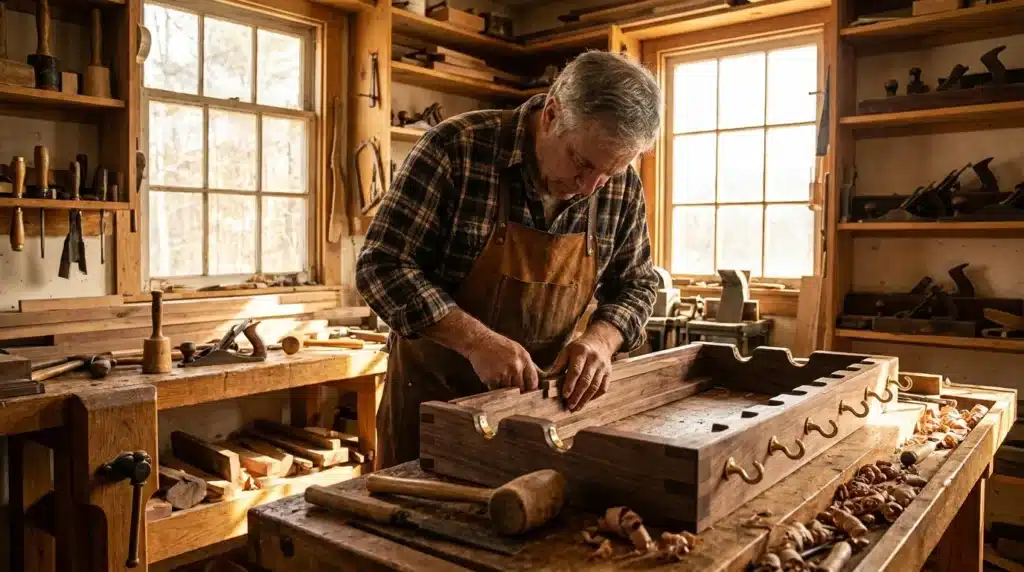 Menuisier travaillant le bois à l'établi dans son atelier traditionnel