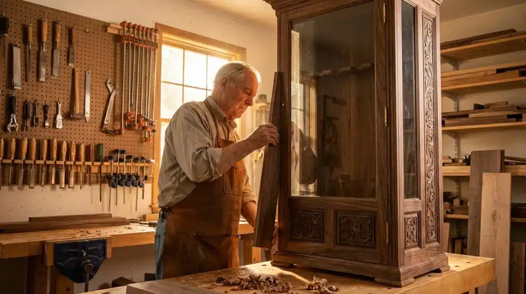Menuisier âgé travaille sur meuble en bois dans atelier