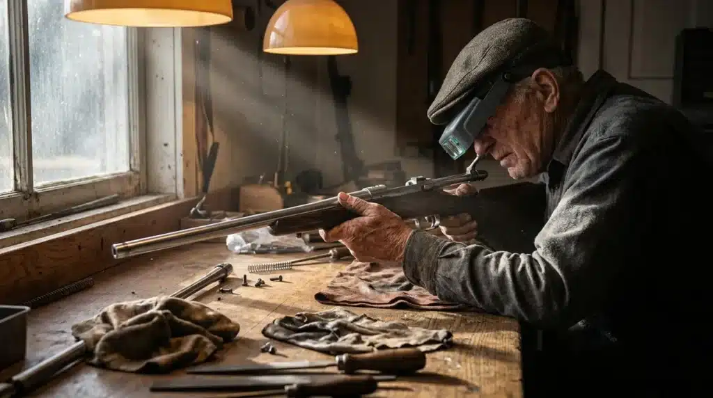 Homme âgé réparant un fusil avec outils de précision