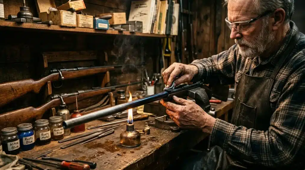 Homme âgé travaillant sur un fusil dans son atelier