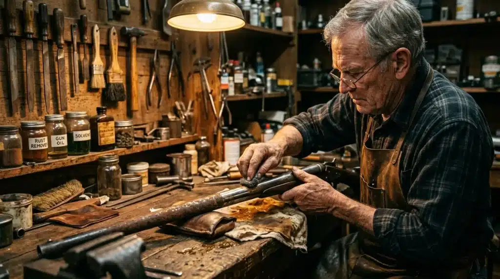 Homme âgé travaillant dans son atelier d'armurier