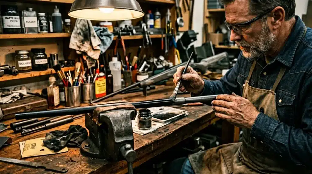 Homme restaure un fusil dans son atelier de menuiserie.