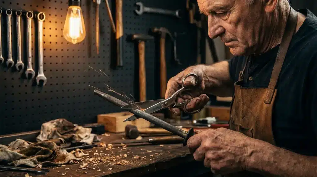 Maître artisan travaillant le bois avec outils traditionnels
