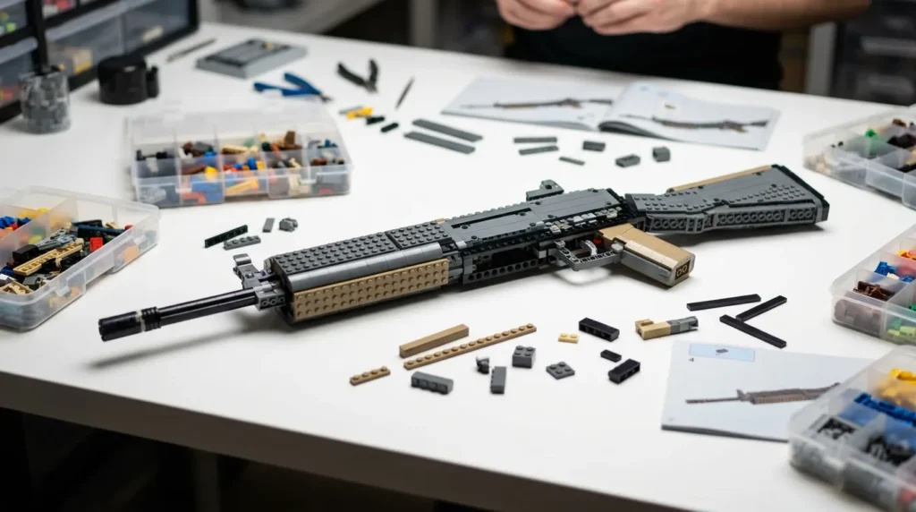Fusil construit en briques LEGO avec pièces détachées organisées
