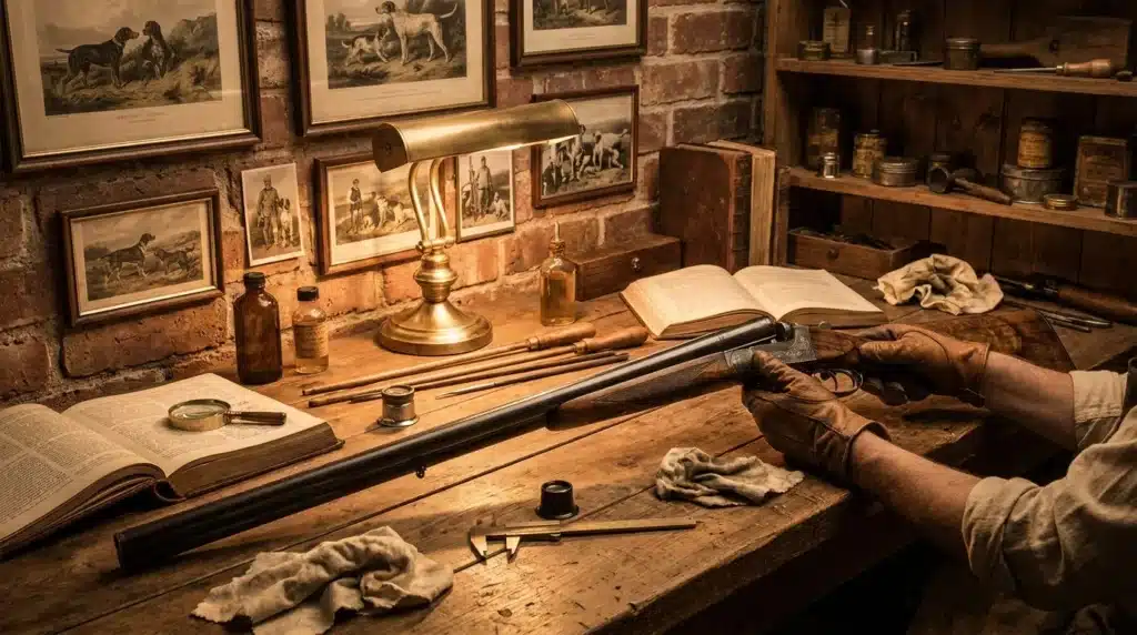 Établi ancien avec fusil, livres et outils de réparation d'armes