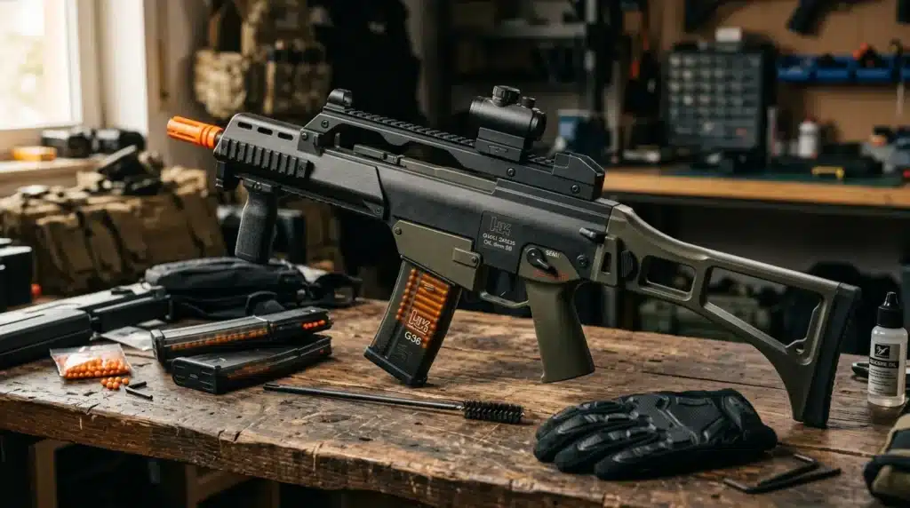 Fusil airsoft avec munitions et accessoires de maintenance sur établi